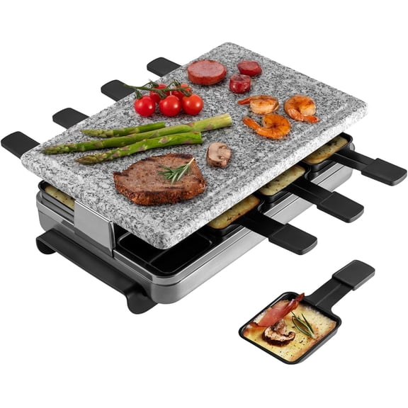 HJTERSwissmar Stelvio Raclette Party Grill with Granite Stone Non-Stick Grill Plate/Crepe Top, Outdoor & Indoor Electric BBQ Grill, Samgyupsal Griller - Brushed Stainless Steel - 8-Person - Silver