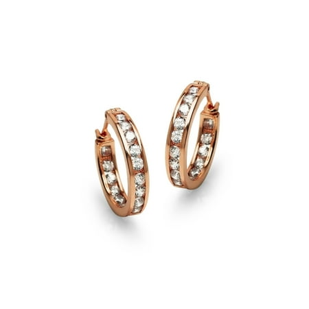Channel Set Cubic Zirconia Gold Plated Sterling Silver 15mm Round Hoop Earrings