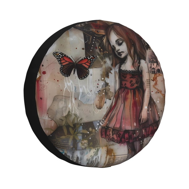 Fotbe Vintage Collage Girl Butterfly Funda de Llanta de Repuesto con Estampado, Engrosada, Ajuste Universal para Jeep, Remolque, RV, SUV, Camión-14 inch