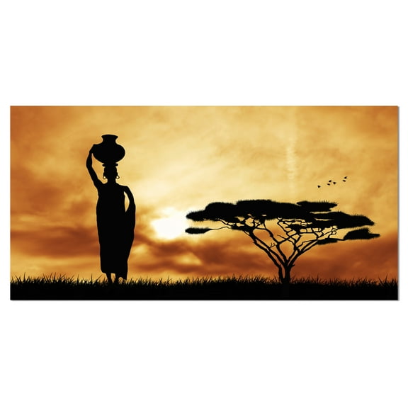 Designart 'African Woman and Lonely Tree ' African Landscape Canvas Art Print