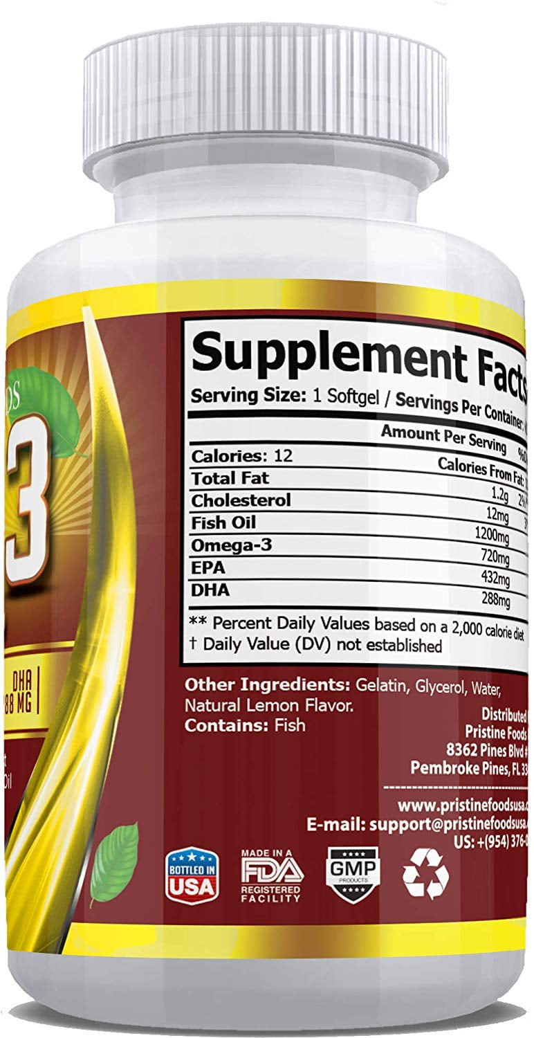 Pristine Foods Omega 3 Fish Oil 1200mg - 60 Soft Gels, Natural Immune Booster for Healthy Heart