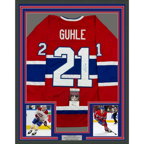 Framed Autographed/Signed Kaiden Guhle 35x39 Montreal Red Hockey Jersey JSA COA