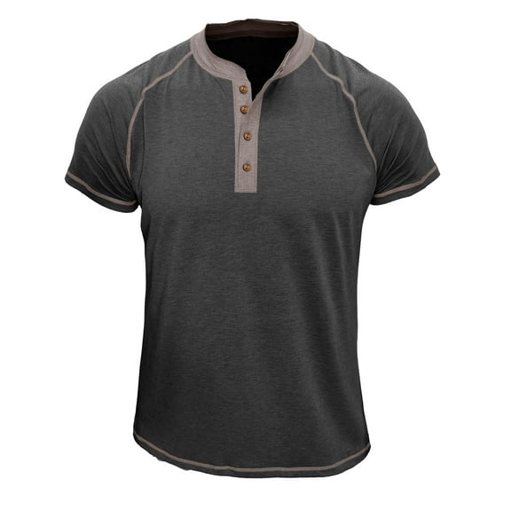 JWZUY Men's Casual Henley Shirt Solid Short Sleeve Retro Pleated Tee Top with Button Collar Lapel Cotton T-Shirt Dark Gray L