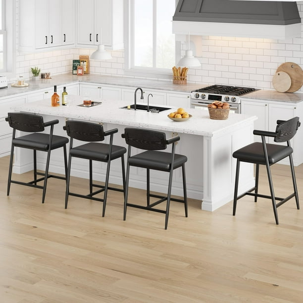Juego de 6 Taburetes para Barra de 66 cm - Sillas con Reposabrazos, Respaldo de Madera y Estructura Metálica Resistente - Asiento Amplio con Reposapiés para Isla de Cocina o Bar - Negro Vintage
