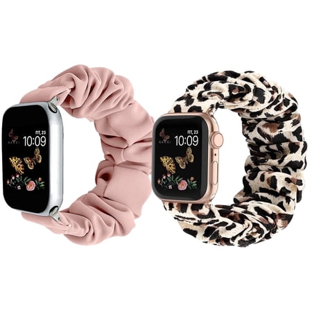 ZSOU 2 Pack Scrunchie Watch Bands for Apple Watch 38/40/41/42mm(Series 10) - Pink, Leopard