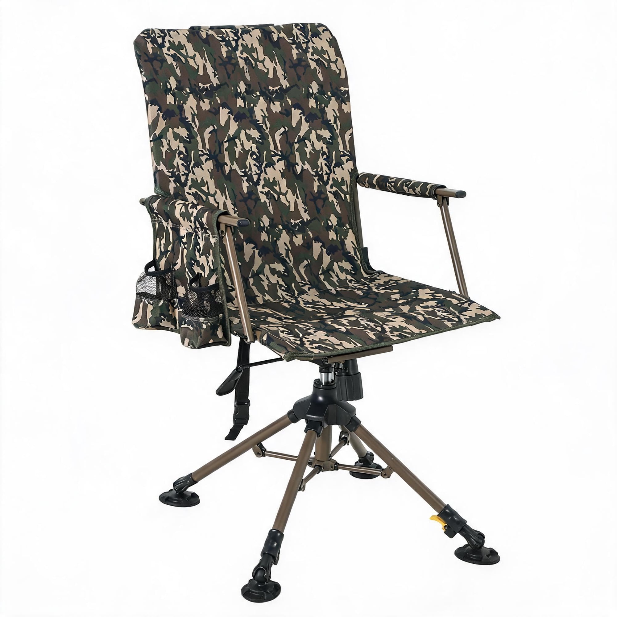 Hunting Chair 360 Degree Swivel Blind Seat Adjustable Legs Folding 265 LB Capacity Breathable Camo Fabric Carry Strap Side Pocket Steel Frame