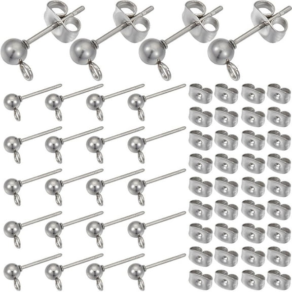 1 Box 100Pcs Ball Stud Earring Finding Hypoallergenic Earring Posts Silver Stainless Steel Ear Studs with Butterfly Ear Back and Loop Round Ears Posts for Jewelry Making Supplies DIY Craft