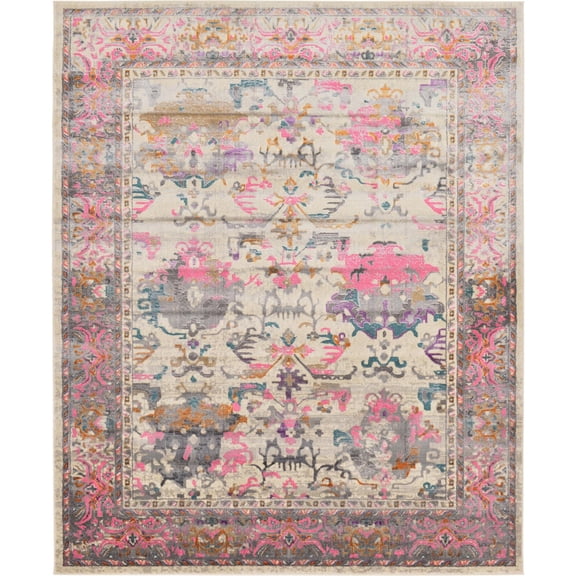 8' x 10' Ivory and Pink Traditional Rectangular Area Throw Rug