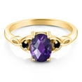 thumbnail image 2 of Gem Stone King 18K Yellow Gold Plated Silver Purple Amethyst and Black Diamond 3-Stone Rings for Women (1.27 Cttw, Gemstone February Birthstone, Oval Checkerboard 8X6MM, Size 6), 2 of 4