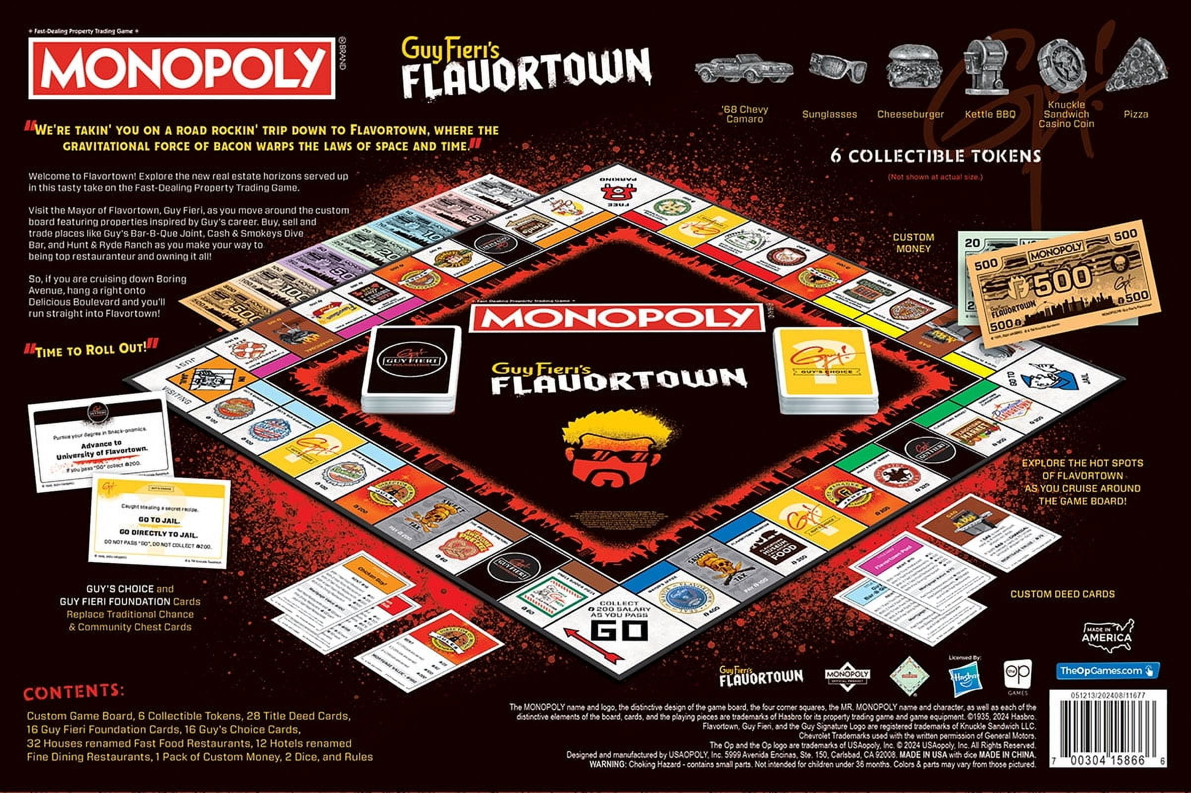 Monopoly: Flavortown Board Game, Featuring '68 Chevy Camaro, Knuckle Sandwich Coin and More, Buy, Sell, Trade Guy Fieri?s Restaurants, Build Your Own Culinary Empire, Officially Licensed Merchandise