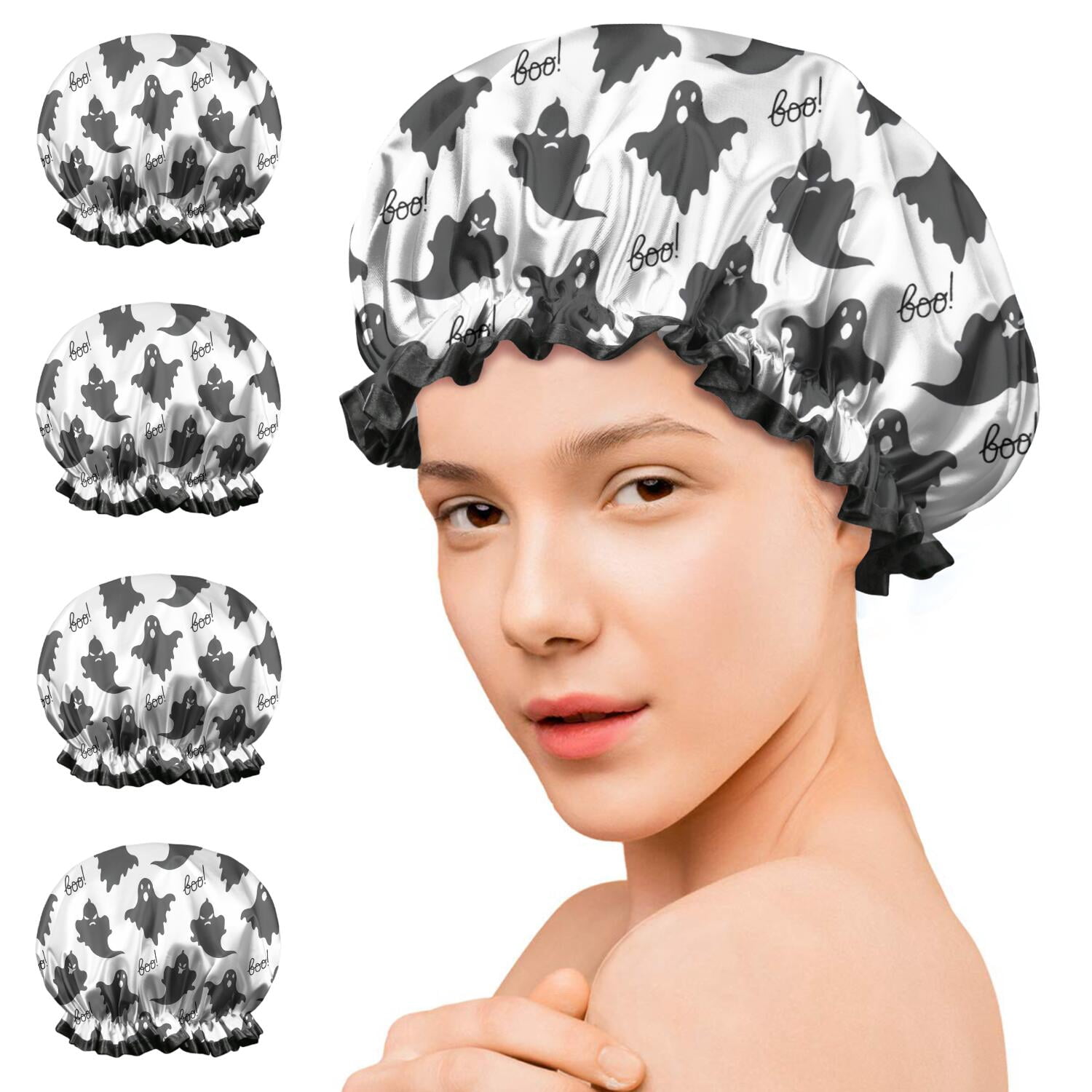 Shower Caps,Halloween Black Ghosts with Boo Waterproof Shower Cap for Women 4 Pieces,Double Reusable Hair Cover for Shower PEVA Elastic Stretch Hem