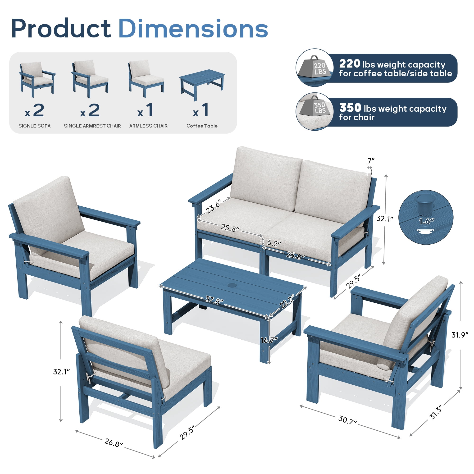 SERWALL Outdoor Patio Furniture Set, 6-Piece HDPE Outdoor Sofa Set Patio Conversation Set, Blue Frame with Beige Cushions