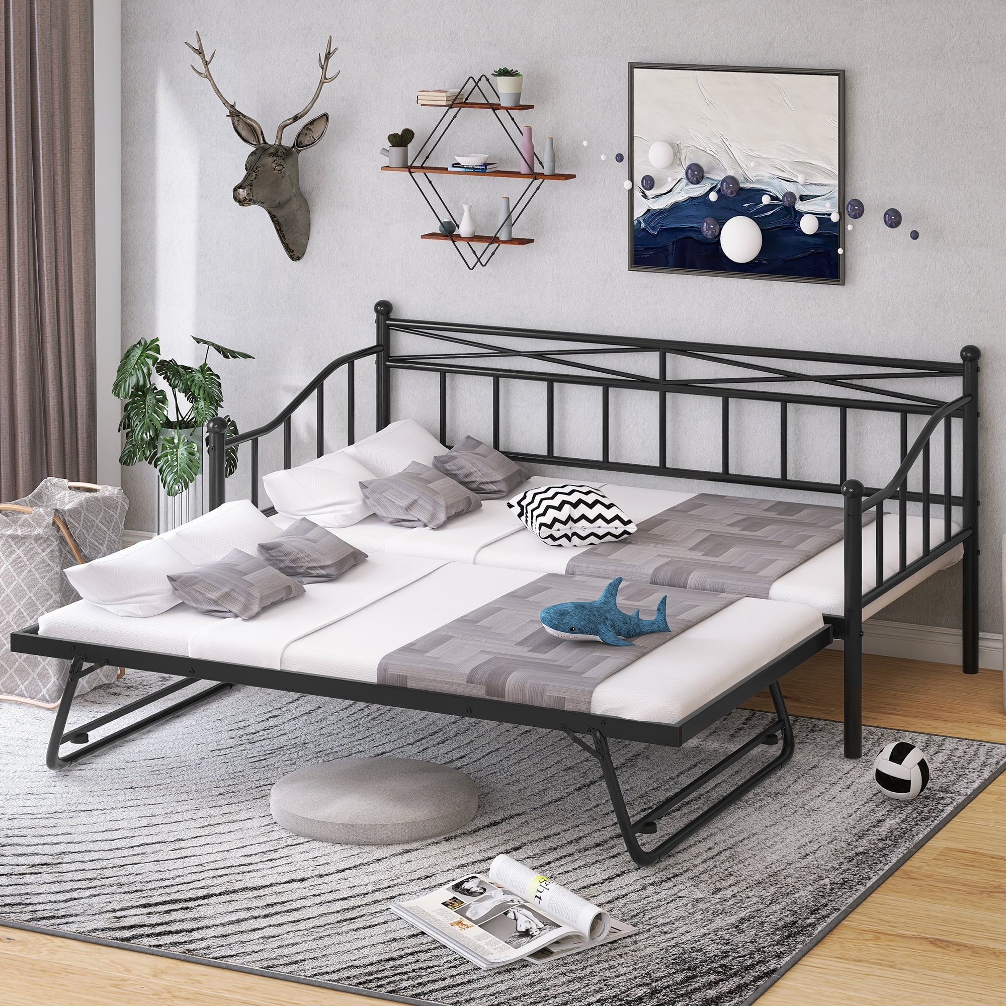 Twin Trundle Bed Sofa 4 Casters Mattress Platform Metal Daybed Color Black 