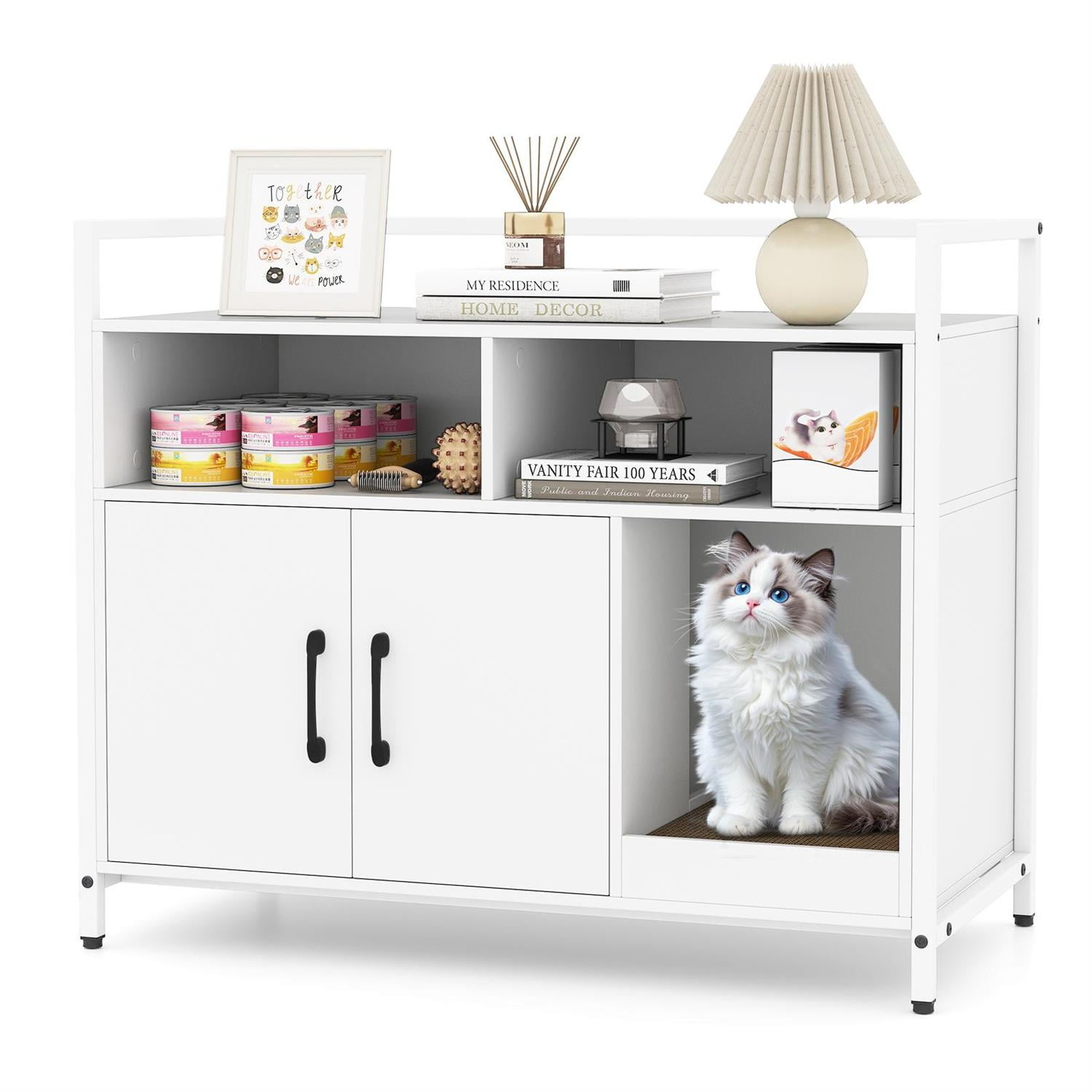 Pefilos Hidden Cat Washroom, Double Doors & Scratch Cardboard, Metal Frame & Adjustable Feet, Off White