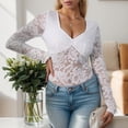 thumbnail image 2 of JGGSPWM Women's Sheer Floral Lace Long Sleeve Bodysuit: V Neck Slim Fit Bottom Shirts for Elegant Comfort White L, 2 of 7