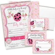 Baby Shower Invites for Girls – Baby Shower Invitation Bundle with Diaper Raffle Tickets, Book Request Cards & Envelopes. Set of 20 5X7 Lady Bug Theme Invitation Kit Sets