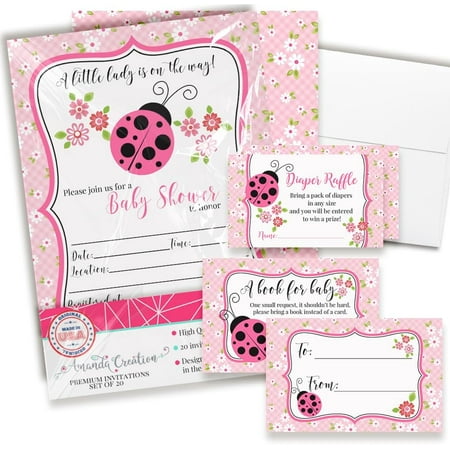 Baby Shower Invites for Girls – Baby Shower Invitation Bundle with Diaper Raffle Tickets, Book Request Cards & Envelopes. Set of 20 5X7 Lady Bug Theme Invitation Kit Sets