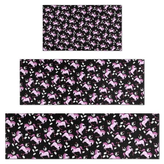 Black Pink Unicorn Pattern Kitchen Rugs Sets Of 3,Kitchen Runner Rugs Non Skid Washable,Decorative Kitchen Floor Mats for Kitchen,Sink,Laundry,17"x30" 17"x47" 17"x59"