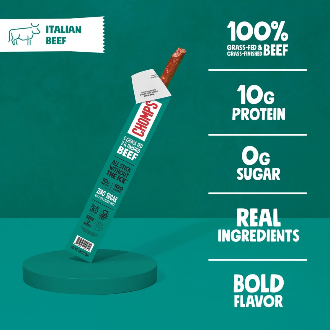 (10 pack) Chomps Grass Fed Beef Jerky Stick, Italian Style Beef, Gluten Free, Keto Snack, Healthy Snack, 1.15oz