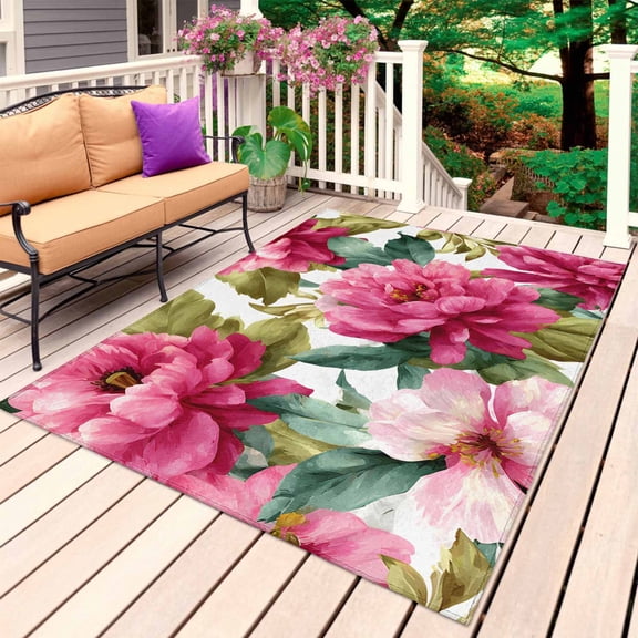 Pink Floral Outdoor Rug 6x9 Ft, Non Slip Washable Area Rug, Watercolor Flowers Leaves Plants Watercolor Patio Rugs Carpet Runner, Large Floor Mat for Indoor/Outdoor Deck Porch Camping