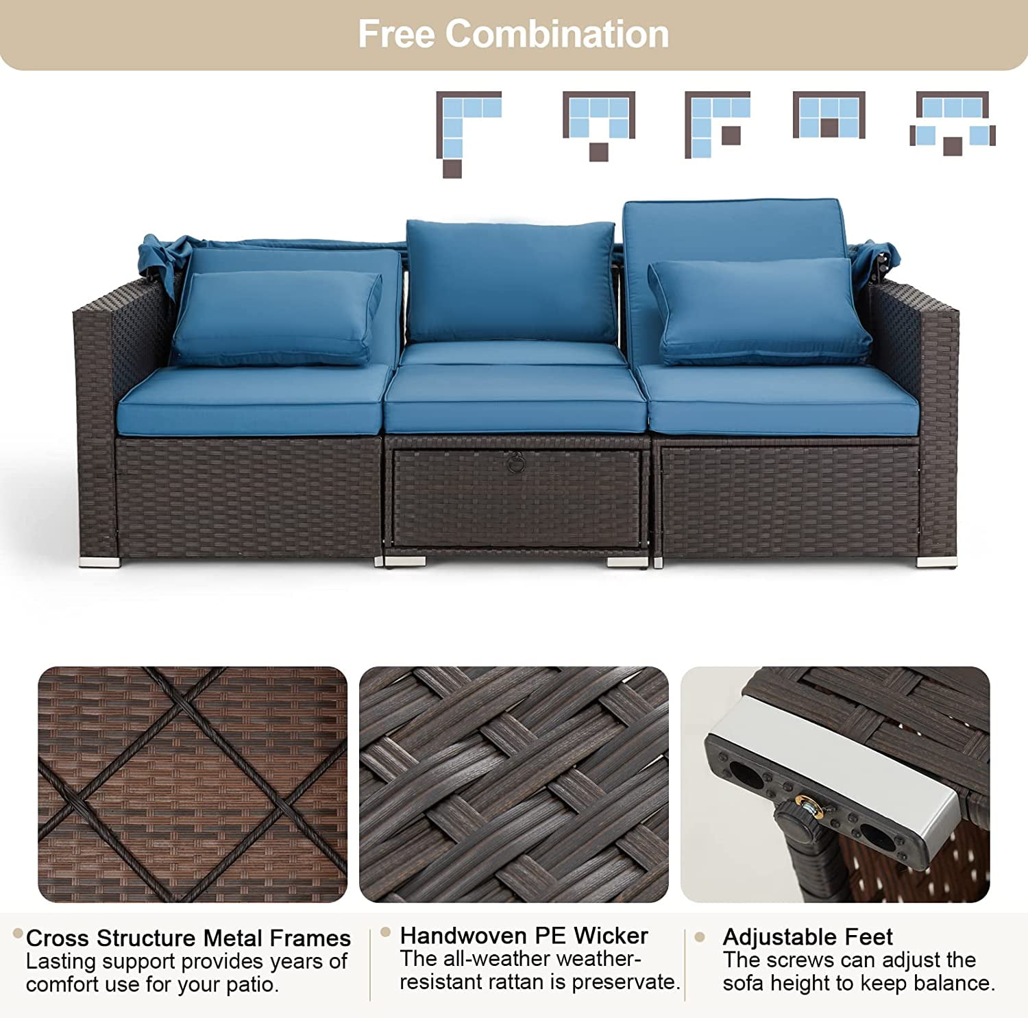 Vicluke 6 Pieces Patio Furniture Sets, Rattan Daybed with Retractable Canopy, Outdoor Sectional Sofa Set with Adjustable Backrest, Chaise Chair Sunbed for Garden Poolside Backyard（Blue）