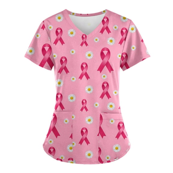 YABCSAZ Breast Cancer Scrub Tops for Women/Short Sleeve Shirts/Crewneck Shirt/Sweatshirt/Tops with Blessed Breast Cancer Pink Ribbon/Breast Cancer Awareness Breast Cancer Survivor Gifts for Women