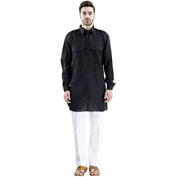 Royal Men's Cotton Blended Black Pathani Short Kurta