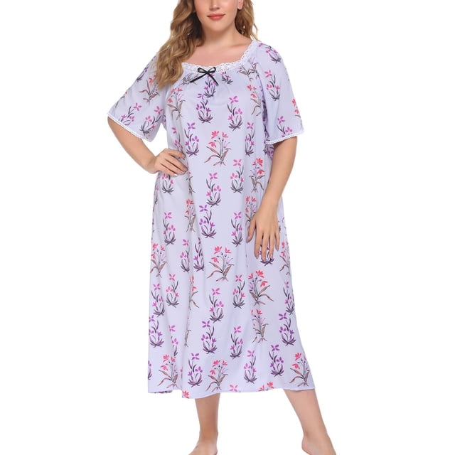 Camisón De Gran Tamaño Adorno De Encaje Estampado Floral Manga Corta Camisón De Longitud Media para Vacaciones En Casa Fondo Rosa Púrpura Flores Rojas Púrpuras XXL