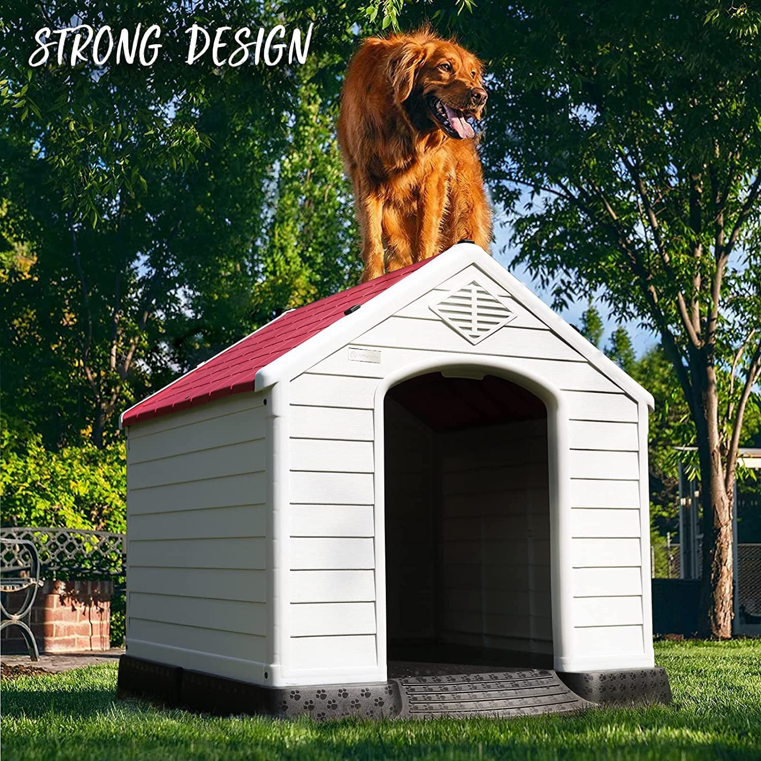 BOSSIN Plastic Dog House Outdoor Indoor for Small Medium Large Dogss with Elevated Floor and Air Vents