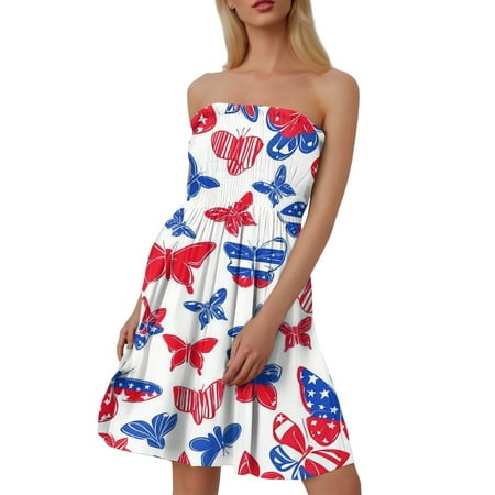 CHCNHAC Summer Dresses for Women 2025 4th Of July Patriotic Dresses American Flag Print Elegant Flowy Swing Strapless Tea Party Dress Dark Blue XL