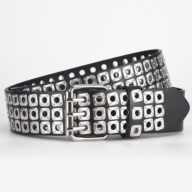 Zhuge Cinturones tachonados de 3 filas, estilo punk hip hop, cinturones de piel sintética personalizados para pantalones vaqueros (negro)