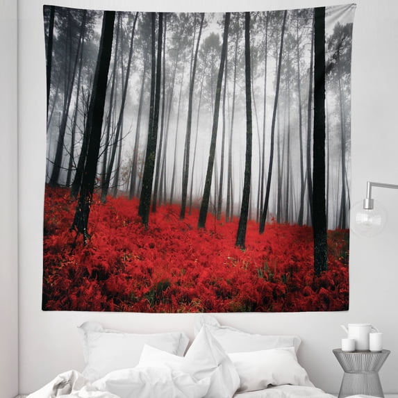 Forest Tapestry, Fantasy Woodland Under Fog Trees Jungle Bushes Contrast Colors, Fabric Wall Hanging Decor for Bedroom Living Room Dorm, 5 Sizes, Pale Grey Black Red, by Ambesonne