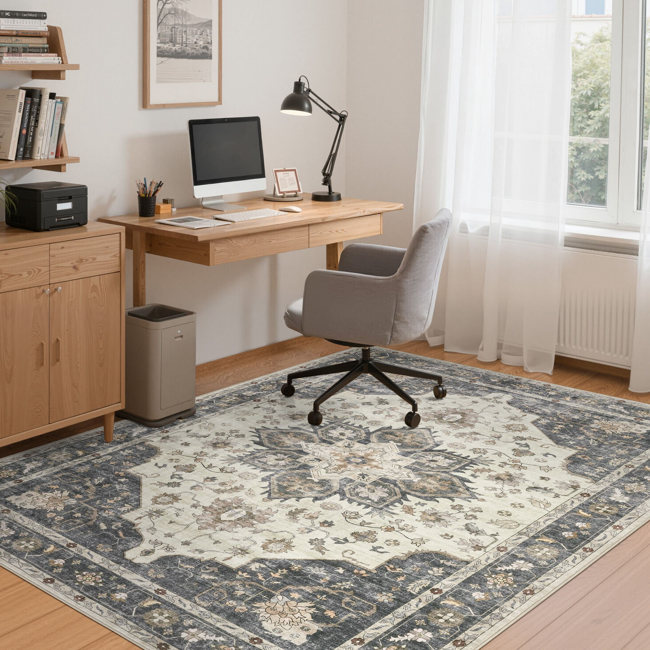 Uermei 6'x9' Vintage Traditional Area Rug: Washable Non-Slip Farmhouse Distressed Indoor Carpet for Living Room Bedroom Dining Room - Beige Blue