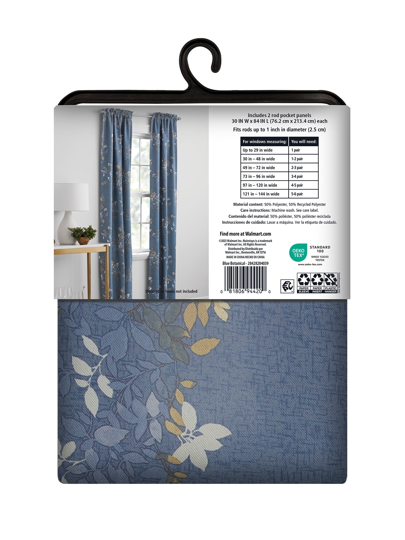 Mainstays Blackout Curtain Panel Pair, Set of 2, Botanical Print Blue, 30"W x 84"L