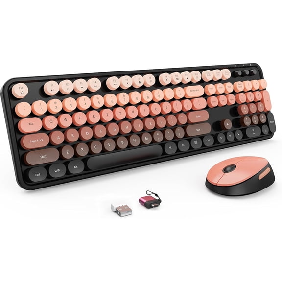 Wireless Keyboard and Mouse Combo, Retro Typewriter Keyboard with Round Keycaps, Full-Size Ergonomic, Aurora Red