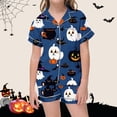 thumbnail image 2 of Weebloom Halloween Girl Pajamas Cute Ghost Pajamas Set Soft Printed Kids Short Sleeve Button Down Shirt Shorts Cute Holiday Outfit Tween Sleepwear Nightwear Pjs Loungewear Navy 10-11 Years, 2 of 4