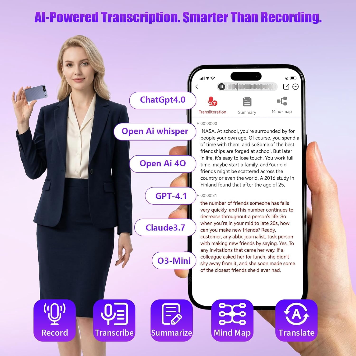 MUSICOZY AI Voice Recorder w/Case, AI Note Taker & App Control, Real-Time AI Transcription and Summary, Noise Cancellation, 152 Languages, 64GB Digital Audio Recorder for Meetings, Lectures & Calls