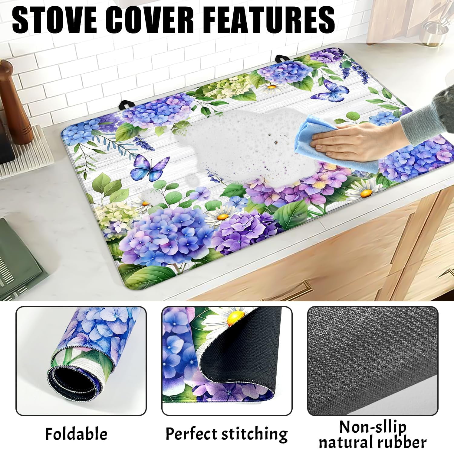 Spring Hydrangea Stove Top Cover Blue Flowers Gas Stove Top Cover for Home Decoration Kitchen Pad Floral Non-Stick Washable Cooktop Covers Countertop Protector Keep Stove Clean White
