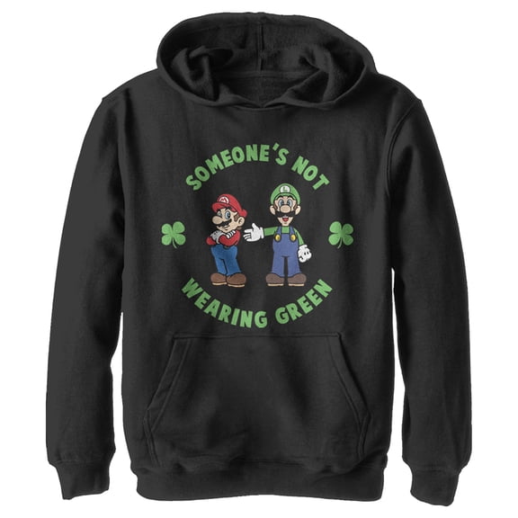 Boy's Nintendo Super and Luigi St. Patrick's Day Not Wearing Green Pull Over Hoodie Black X Large