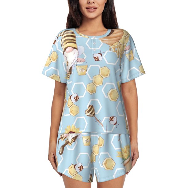 Balery Cute Gnome Bee Collects Honey Conjunto de Pijama para Mujer con Estampado, Dos Piezas de Manga Corta y Shorts, Ropa de Dormir Suave con Cuello Redondo y Bolsillos-Medium