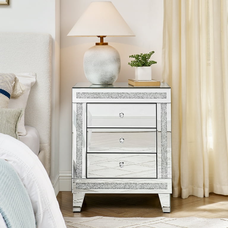 Silver Mirrored 3 Drawers Nightstand, Crushed Diamond Decor Bed