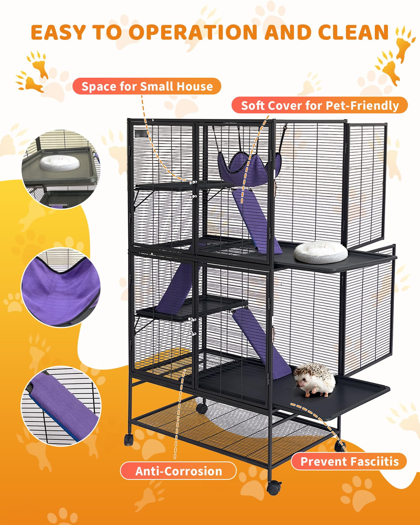 4-Tier Heavy-Duty Small Animal Cage for Ferrets, Chinchillas, Guinea Pigs, Hamsters, Rabbits – Metal Construction, Ramp, Hammock, Storage Shelf, Removable Tray – Easy Assembly & Cleaning
