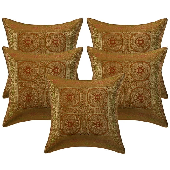 Stylo Culture Indian Couch Throw Pillow Covers 16 x 16 Jacquard Mustard Yellow Square 40cm x 40cm Home Decor Brocade Floral Mandala Zippered Cushion Covers | Set Of 5