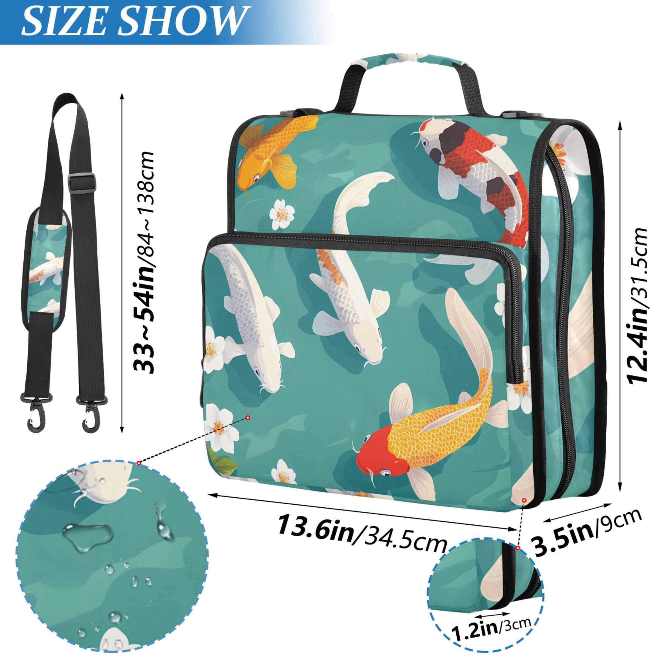 3 Ring Zipper Binder with Shoulder Strap Waterproof Trapper Keeper 2 Inch D-Ring 500 Sheets Capacity Cartoon Fish and White Flower