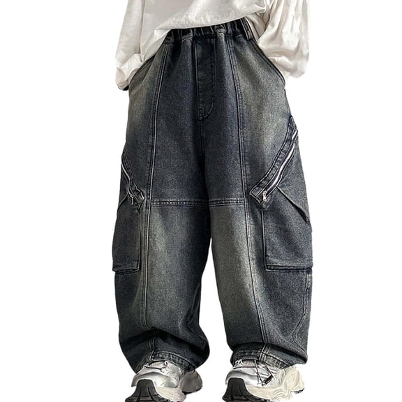 Xijirk Boys Pants Loose Fit Cargo Denim Jeans Casual Trousers with Multiple Pockets Comfortable Bottoms for Autumn and Daily Wear,Grey,15-16 Years