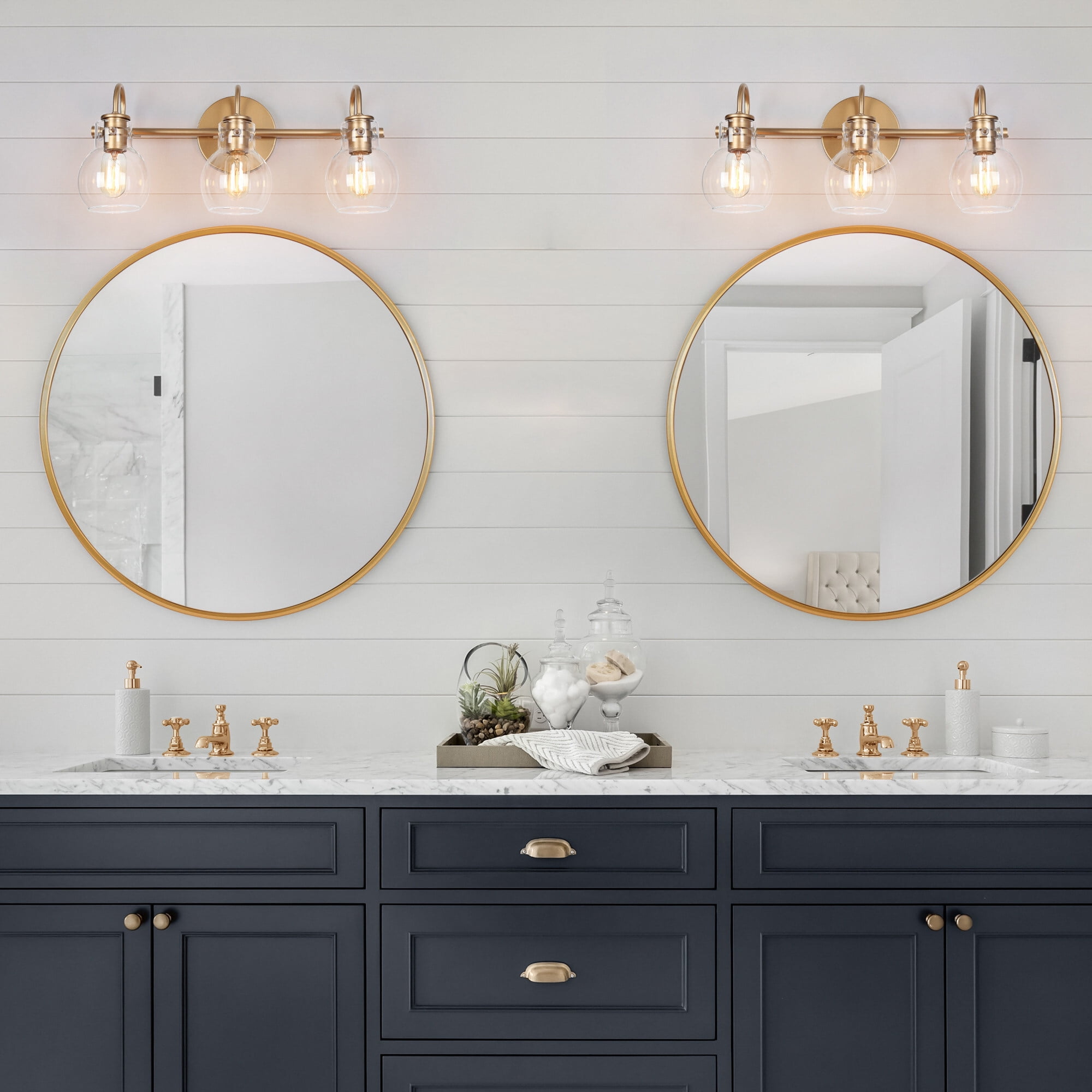 LNC 3-Light Gold Round Clear Glass Shade Modern Bathroom Vanity Lighting Fixutre
