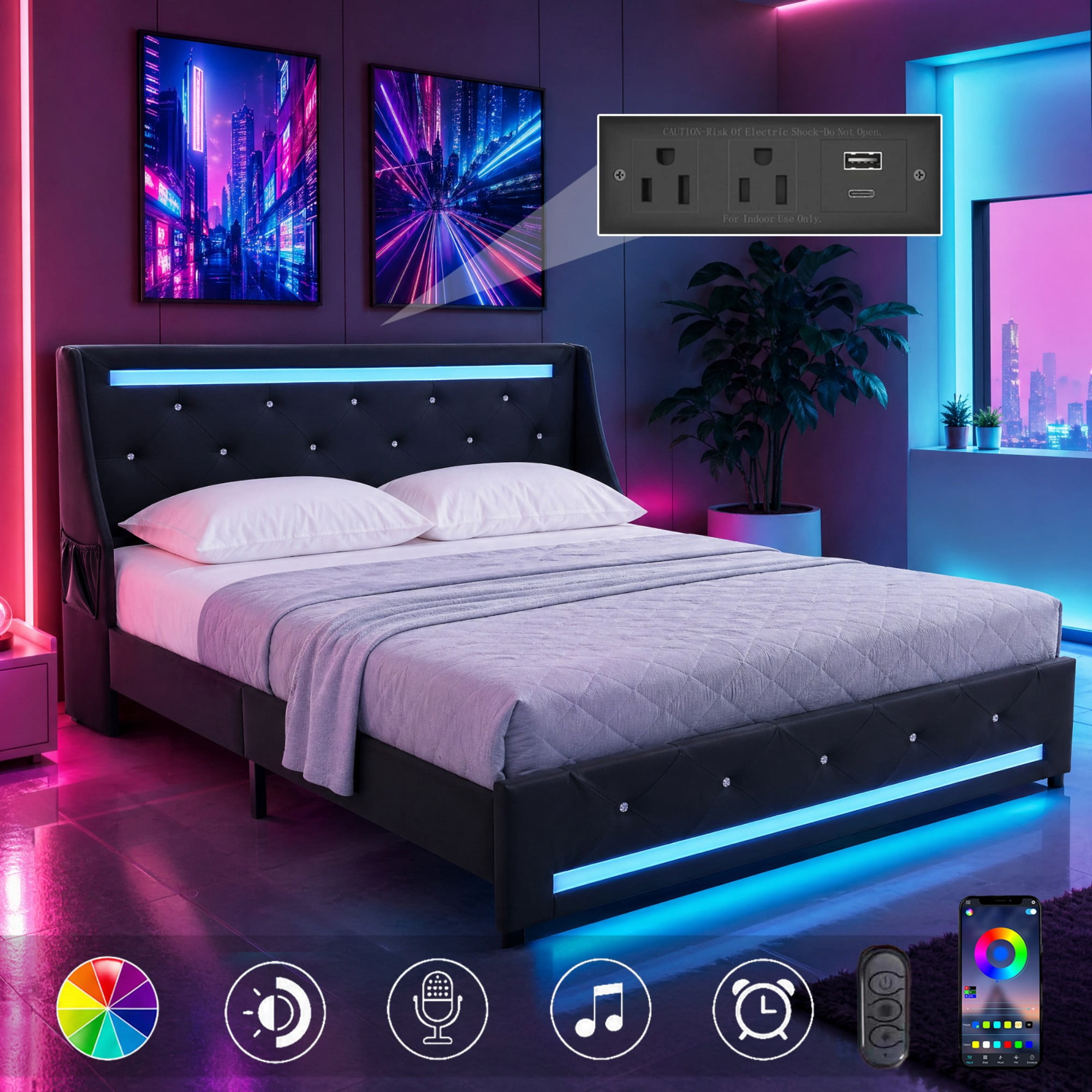 Gewnee Full Size Faux Leather Platform Bed Frame, Diamond Tufted Wingback Headboard, Multi‑Color LED, 4‑in‑1 Charging, Side Storage Pockets, Noise‑Free, No Box Spring Needed, Black