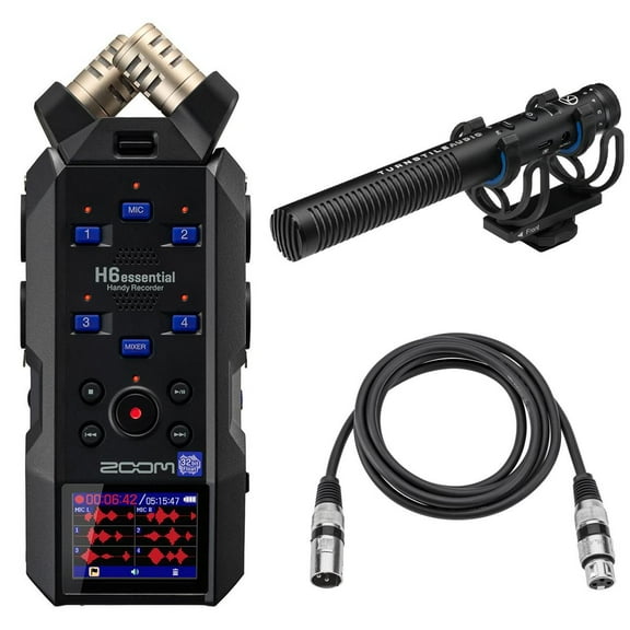 Zoom H6essential 6-Track 32-Bit Float Handy Recorder Bundle with Turnstile Audio Station TASC700 Super Cardioid Condenser Shotgun Microphone and XLR M to F Professional Microphone Cable - 6'
