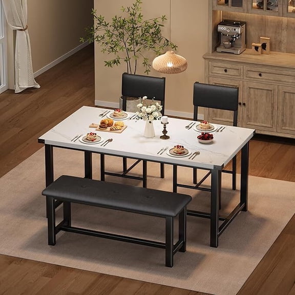 Dining Table Set for 4, Kitchen Table with 2 Upholstered Chairs & Bench, Rectangular, Small Space, Marble White