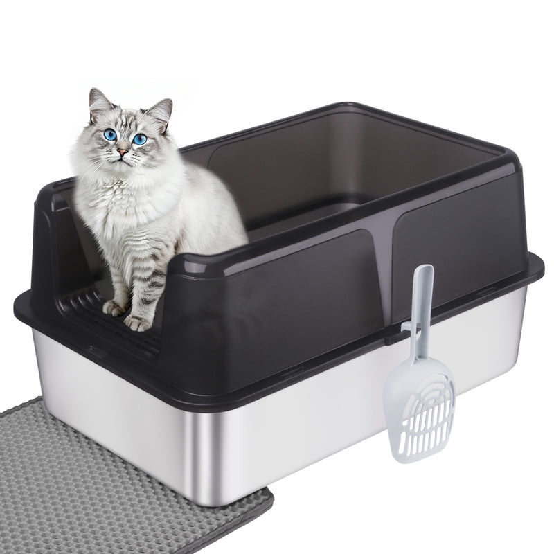 Gamexcel Extra Large 38L Stainless Steel Cat Litter Box Metal Litter Pan with Scoop and Mat Set - Odor, Stain and Rust Resistant, Easy to Clean, Black